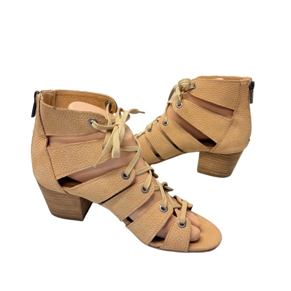 Lucky Brand Genevie Women's 7M Tan Beige Nubuck Leather Cage Lace-Up Sandals - Picture 5 of 7